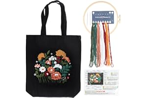 OFFFAY Canvas Tote Bag Embroidery Kits, with Floral Pattern, Embroidery Starter Kit for Beginners, with Bamboo Embroidery Hoop, Tote Bag, Color Threads, Instructions, DIY Cross Stitch Kits for Adults (Black)