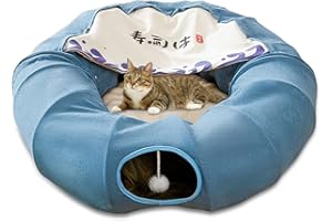 Galatée Katzentunnel, Katzenbett Für Den Innenbereich, Haustierhöhlenbett Mit 1 Hängenden Kratzbällen, Zusammenklappbarer Runder Katzentunnel, Katzentunnelbett(Blau)