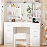BEWISHOME Makeup Vanity with Mirror and LED Lights Adjustable Brightness | Makeup Table with Sockets and Stool, Large Modern