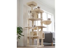 Heybly Arbre À Chat, De 178 cm De Hauteur, Colonne À Griffer pour Les Chats D'Intérieur, Arbre À Chat Multi-Étagé avec 8 Colonnes À Griffer, 2 Trou, 2 Plateformes, Hamac, Panier, Beige HCT036M