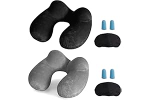 LUZWAY Cuscino da Viaggio Gonfiabile Cervicale Collo Cuscini di Supporto Travel Pillow con Federa Lavabile, Tappi per Le Orecchie, Maschera, per Viaggi Aereo Auto Treno Ufficio (2 pezzi, Nero+Grigio)