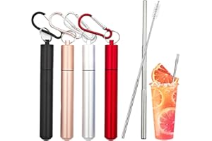 PECEWLOS 4PCS Pajitas Telescópicas de Acero Inoxidable, Longitud de hasta 23 cm, Pajita Para Llevar Con Carcasa De Metal y Llavero, Cepillos De Limpieza (Rojo+Plata+Negro+Or)