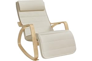 SONGMICS Sedia a Dondolo con Braccioli in Legno di Betulla, Poltrona a Dondolo con Poggiapiedi Regolabile in 5 Posizioni, Max Portata 150 kg, Soggiorno Cameretta, Beige LYY10M