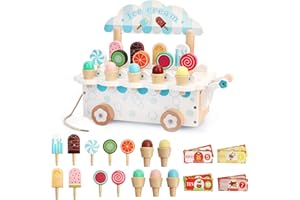 HAUSVIVO Gelateria per bambini in legno – Montessori giocattoli dai 2 3 anni – Carrello per ghiaccio in legno con accessori – Giochi di ruolo e negozio – Regalo ragazza ragazzo – Accessori per la