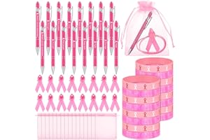 HAISHELL 64 Pcs Breast Cancer Awareness Gift Breast Cancer Awareness Accessories Include Pink Ribbon Pen Silicone Bracelets Pins Organza Bags for Breast Cancer Awareness Welfare Fundraiser Charity Recognition