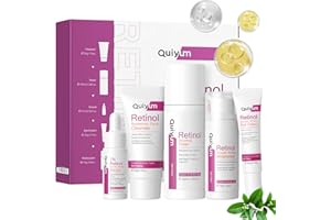 QUIYUM Ensemble de soins anti-âge au rétinol, 5 pièces pour les soins du visage, incluant un nettoyant, un tonique, un sérum, une crème pour les yeux et un hydratant