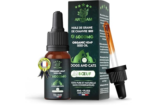 ARTISAM – Huile de Graines de Chanvre Sativa 30 ML 6000MG – Goût Poulet - Boeuf- Saumon- Nature – pour Chiens et Chats – Source Naturelle d’Oméga 3 & 6 – Fabriquée en France (Boeuf)