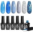 beetles Gel Polish Blue Gel Nail Art 6 Colors Jelly Blue Glitter Nail Design Spring Summer Manicure Set for Girls…