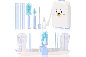 AOOTE Kit Completo de Limpieza de biberones, Set Cepillo Limpia Biberones Viaje de Ranuras de Secado Vertical,12 en 1 Set de cepillos para biberones con 3 Cepillos & Dispensado rde jabón(Azul)