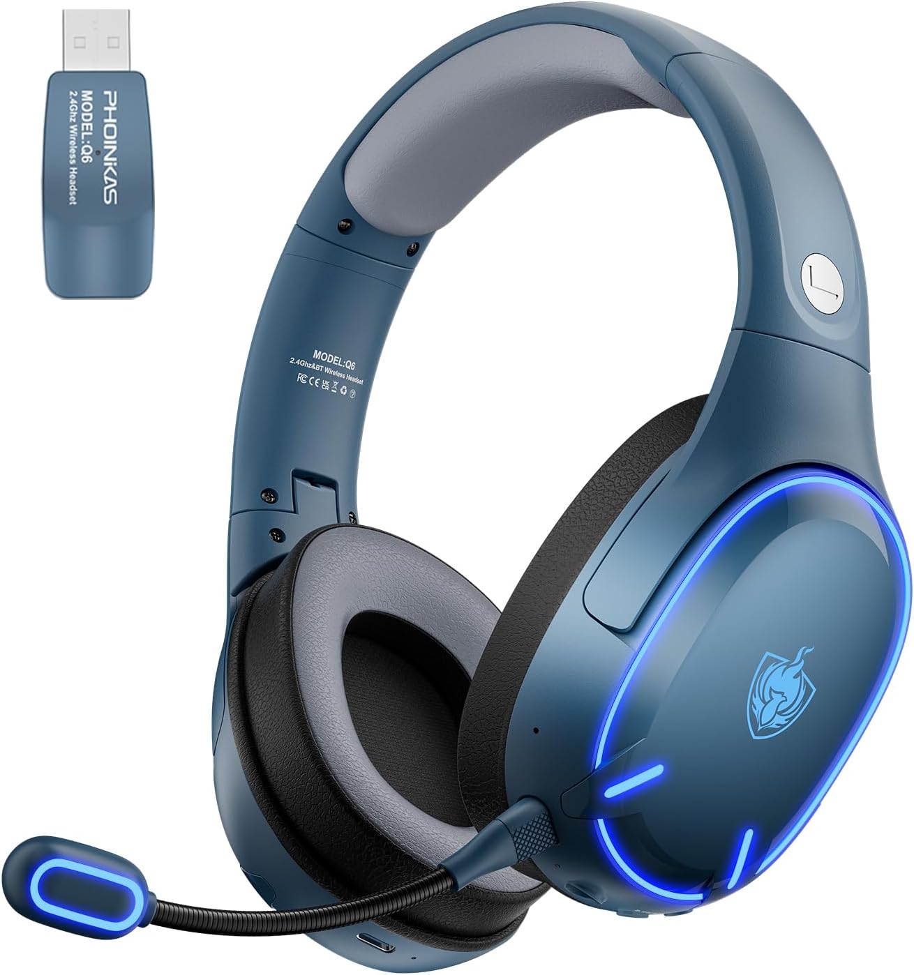 PHOINIKAS Cascos Gaming Inalámbricos para PC/PS5/PS4, Auriculares Gaming Inalámbricos de 2,4GHz USB Wireless+Bluetooth 5.3, Baja Latencia Calidad de Sonido 7.1 sin Pérdidas, 30+ Horas, Luz LED (Azul)