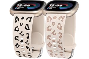 Minyee 2 Pack Leopard Engraved Band Compatible with Fitbit Versa 4/Versa 3/Sense 2/Sense Band Women, Two-Tone Cheetah Soft Silicone Sport Designer Fancy Summer Replacement Wristband Strap for Versa 4
