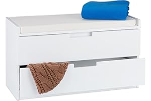 Relaxdays Banco Almacenaje Acolchado de Estilo Rústico con 2 Cajones, DM y Tela, Blanco, 45 x 80 x 36 cm, MDM