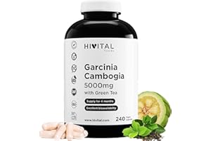 HIVITAL FOODS Garcinia Cambogia 5000 mg. 240 vegane Kapseln für 4-monatige Kur. Natürliches Garcinia Cambogia 60% HCA mit natürlichem Grüntee. Hergestellt von HIVITAL