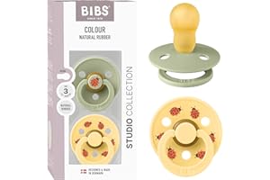 BIBS Colour Studio Ciuccio confezione da 2 pezzi. Privo di BPA, Tettarella tonda. Lattice di gomma naturale, Prodotto in Danimarca, Taglia 3 (18+ mesi), Sage/Pale Butter