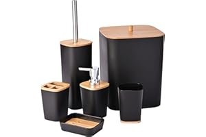 Yorkmills 6 Pieces Bamboo Bathroom Accessories set, Luxury Bathroom Accessory Set, Bathroom Bin And Toilet Brush Set, Toothbrush Holder Tumbler Soap Dish Trash Can Soap Dispenser Bath Set Gift