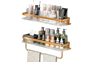Santentre Shower Caddy Shelf Bathroom Set of 2, Acrylic Bathroom Shelves Wall Mounted with Metal Frame & Towel Bar, No Drilling Storage Shelves for Bathroom, Living Room, Kitchen (Gold)