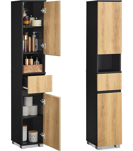 VASAGLE Armoire de rangement haute avec éclairage, meuble à poser libre mince avec étagères réglables, pour petits espaces, salle de bain, salon, moderne, 30 cm de large, blanc nuage UBBC566W02 VASAGLE Armoire de rangement haute avec éclairage, meuble à poser libre mince avec étagères réglables, pour petits espaces, salle de bain, salon, moderne, 30 cm de large, blanc nuage UBBC566W02