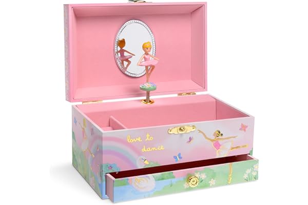Jewelkeeper - Boîte à Musique pour Filles avec Tiroir de Rangement de Bijoux, Feuille d'Or et Arc-En-Ciel - Mélodie Le Lac des Cygnes