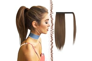 FESHFEN Coleta Postiza Lisa Pelo, 40 cm Largo Liso Ponytail Extension Envolver alrededor Cola de Caballo Extensiones Sintéticas Clip Postizos de Pelo para Mujeres, Mezcla Marrón Auburn