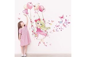 wondever Girl on Swing Wall Stickers Butterfly Flower Ballons Peel and Stick Wall Art Decals for Girls Bedroom Kids Room Baby Nursery