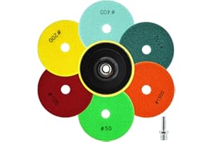 QUEFORET Diamant Polierpads Set 8 Stücke - 6 Stücke 100mm Nass Polierscheiben (Körnung 50/100/200/400/800/1500), 1 Stück Polierteller, 1 Stück Adapter für Granit Marmor Quarz Kunststein