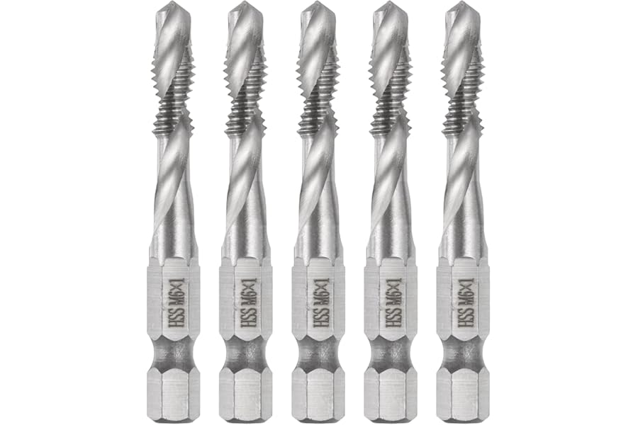 sourcing map 5pcs Combination Drill and Tap Bits, Metric M6 x 1 Thread 1/4" Hex Shank 4341 High Speed Steel Threading Screw Taps Machine Drilling Tapping Tool Kit