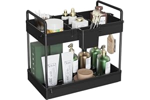 SOLEJAZZ 2-Tier Under Sink Storage, Bathroom Countertop Organizer, Standing Rack Cosmetic Holder, Bathroom Tray with Dividers, Storage Shelf Organizer for Makeup Cosmetic Perfume, 34x22x39cm, Black