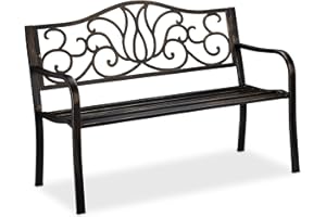 Relaxdays Banco Jardín Antiguo, 2 Personas, Asiento Metal, Balcón y Terraza, 90 x 127,5 x 63 cm, Acero, Negro y Bronce