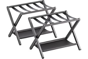vovala Luggage Rack, Set of 2, Folding Suitcase Stand with Storage Shelf, Premium Bamboo Luggage Holder for Guest Room, Bedroom, Hotel, Closet, Holds up to 61 kg (Black)