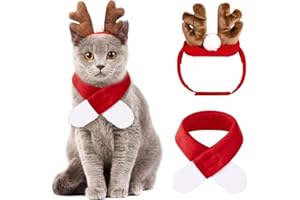 LOVEXIU Katzen Weihnachtskostüm 2 Pcs,Kostüm für Katzen Weihnachten，Weihnachtsoutfit für Hunde,Hundekostüm Weihnachten,Rentier Stirnbänder&Schal Niedlich Roter für Weihnachten Haustier Kopfschmuck