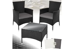 tectake® Poly Rattan Möbel Gartenset mit Wechselbezügen, 2 Stühle und Tisch mit Glasplatte, 2X Outdoor Lounge Sessel mit Armlehne und Gartentisch, Gartenmöbel Set, Balkonmöbel - schwarz