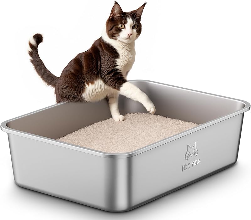 Lettiera Acciaio Inox per Gatti, Lettiera Grande Aperta per Gatto Grandi, Piccoli e Conigli, Lettiere Gatto per Gatti Antiaderente, Facile da Pulire, Sabbiera XXL Alta, Antiodore e Spaziosa