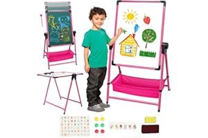 ‎MAYCOLY KinderKinder Staffelei doppelseitige Eisen Staffelei höhenverstellbar Zeichenbrett verstellbarer Ständer 360° drehbare und Kreidetafel für Kinder Jungen Mädchen ab 3 Jahren (Rosa)
