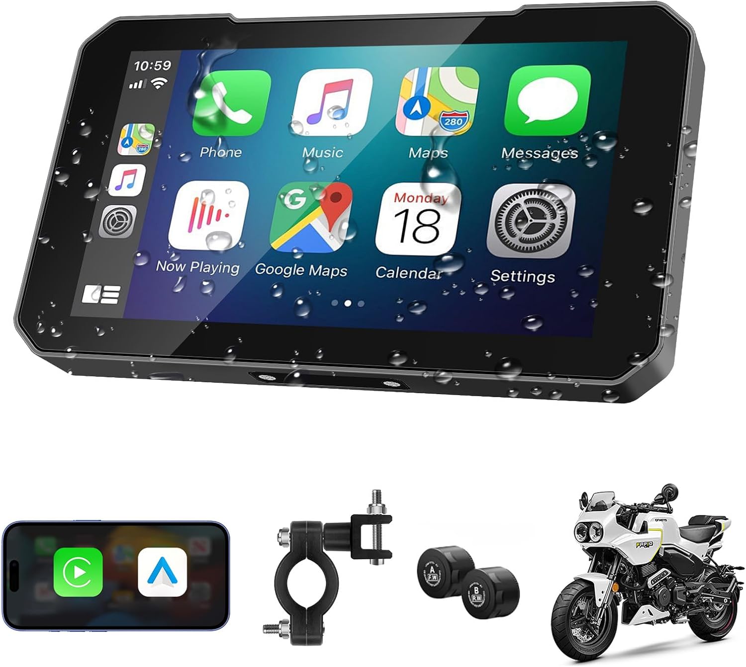 EZoneTronics Pantalla Carplay para Motocicleta, CarPlay Inalámbrico y Android Auto para Moto, Pantalla Portátil Impermeable IP67 de 5 Pulgadas con Bluetooth, TPMS, navegación GPS y Control por Voz