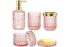 ATLDMPHIC Bathroom Accessories Set, 5PCS Glass Set of Lotion Dispenser, Includes Soap Dispenser, Soap Dish, Toothbrush Holder, Tumbler and Jar, Stylish Modern Bathroom Decor (Pink)