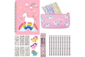 33pcs Licorne Ensemble de Papeterie pour Fille, Bloc-Notes , étui à Crayons, Autocollants, Gomme, Cadeaux de Licorne de Papeterie pour Les Filles