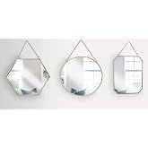 GreyZouq Set of 3 Assorted Wall Mirrors with Chain, Metal Framed Hanging Mirrors, Hexagonal, Round & Rectangular Mirrors for 