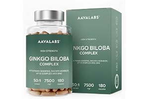 Ginkgo Biloba med hög styrka - 7500 mg - 50:1 extrakt - med Bacopa Monnieri & ginseng, B6, B1, B2-vit & zink - 180 nootropisk