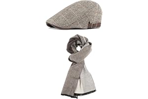 CRFASIBE Mens Newsboy Hat Scarf Set for Winter, Warm Checkered Pattern Beret Cabbie Flat Cap, Soft Tassel Scarf, Classic Winter Accessories Gift for Gentlemen