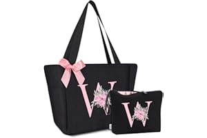 Vavabox A-Z Handtasche Damen,Personalisiert Initialen Tote Bag Set,Geburtstag Brautjungfern Geschenke Für Frauen (W, Schwarz)