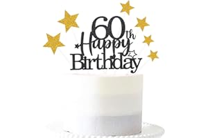 PARGLEEV Glittery 60th Happy Birthday Cake Topper with Star,60 Birthday Cake Toppers Party Decorations Party Supplies for Men Women Black Gold