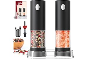 CIRCLE JOY Electric Salt and Pepper Grinder Set Rechargeable Salt and Pepper Mills with Storage Base, Adjustable Coarseness and White LED Light, Washable 95ml Container, Black