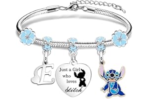 TENVAVA Stitch Gifts for Her Just A Girl Who Loves Stitch Silver Pendant Bracelet with Initial Letter for Women Girls Birthday Christmas Stitch Jewellery Stuff Gifts for Stitch Lover Stitch Fans