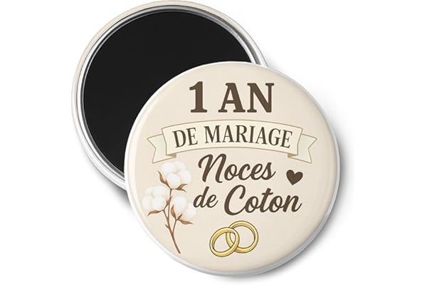 Cadeau 1 an de mariage – Noces de coton – Magnet aimant en métal et en plastique – 3,8 cm de diamètre - Idée romantique pour couple – Souvenir de mariage – Magnet frigo – Création