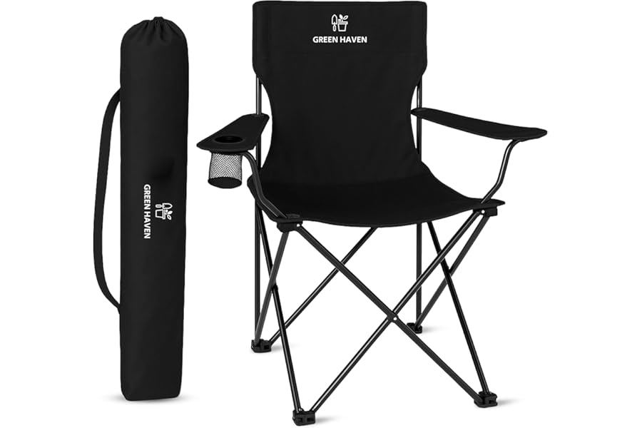 Green Haven Folding Camping Chair with Cup Holder & Carry Bag – Lightweight Portable Outdoor Chair, Heavy Duty Steel Frame, Padded Headrest, Wide Seat for Camping, Festival, Garden, Fishing