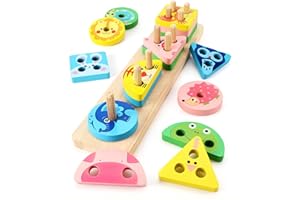 KRAZOVE Montessori Toys for Boys Girls, Wooden Sorting Stacking Toys for Toddlers, Educational Sensory Toys Color Recognition Shape Sorter, Preschool Learning Gift for 1-3 Year Old