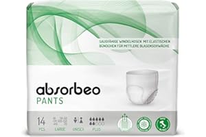 Absorbeo Pants Plus, Elastische, Absorbierende Windelhose für Mittlere Blasenschwäche, Absoluter Komfort, Totaler Schutz, Anti-Odour-System, Vollständig Atmungsaktiv, Unisex, Größe L, 14 Stück