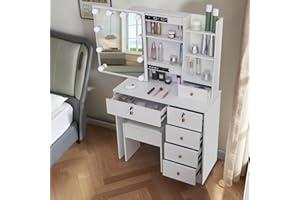 TOPHEHAN Vanity Dressing Table with Lighted Sliding Mirror and LED Bulbs Set,Makeup Desk with 5 Drawers with Cushioned Stool for Bedroom (Modern 06UK)