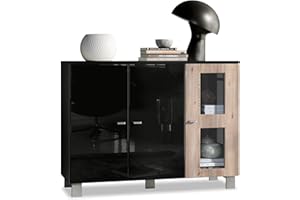 Vladon Sideboard Denjo, Kommode mit 3 Türen, Schwarz matt/Schwarz Hochglanz/Eiche Nordic (107 x 81 x 35 cm)