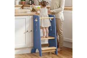 COSYLAND Height Adjustable Toddler Standing Tower - Super Stable Toddler Kitchen Stool Helper - 3 Levels Wooden Kids Learning Stool for Kitchen Toliet (Navy Blue & Natural,Large)